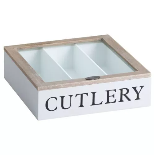 Wooden Cutlery Box Knife Fork Glass Lid Storage Tray Holder Shabby Chic style