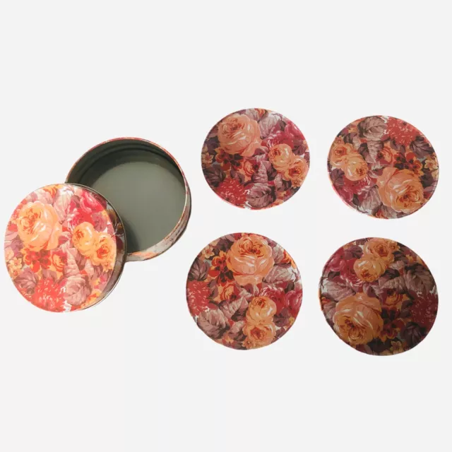 Set of 4 Round Cork Backed Metal Coasters Floral Roses In Matching Tin