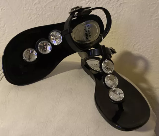 New Girl Stuart Weitzman Sierra Crystal BLACK Thong Sandal Flat SZ. 12, & 9, $58