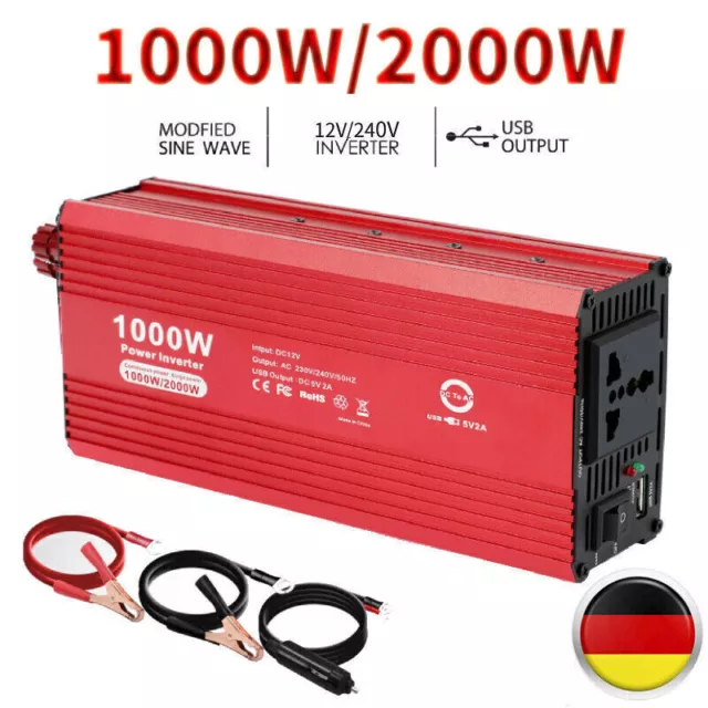 1000/2000 Watt Spannungswandler 12V auf 230V 240V Wechselrichter Power Inverter