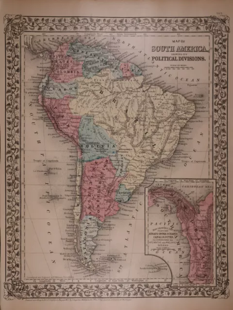 Authentic 1882 Mitchell's Atlas Map ~ SOUTH AMERICA, NEW GRANADA ~ FreeS&H
