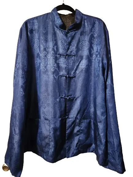 Men's Oriental Asian Reversible Jacket, 100% Silk, Royal / Black, pre-owned