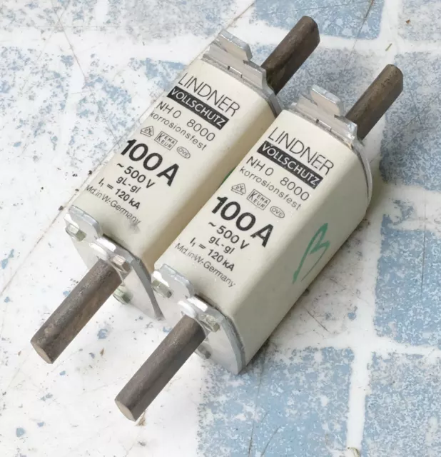 2x Lindner NH0 8000 Fusible 100A gL-gI 500V. Lot de 2.