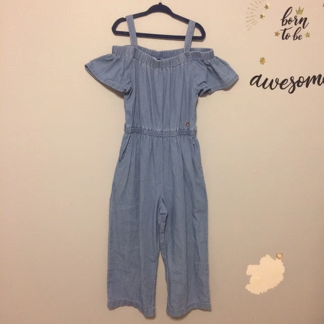 Bebe Girls Denim Jean Chambray Jumpsuit Romper Size 7, Missing Belt,pockets