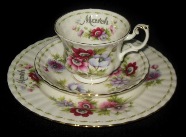 Royal Albert Flower Of The Month March Anemones Trio  Tea Cup Saucer Plate