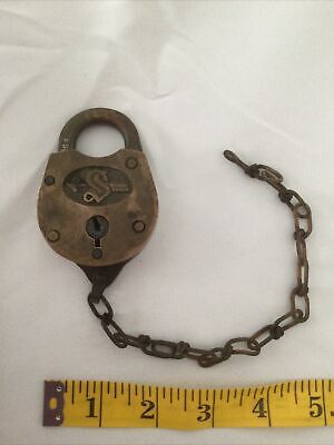 Antique Brass Slaymaker Lock Padlock Railroad RR Vtg Vintage, Chain, No Key