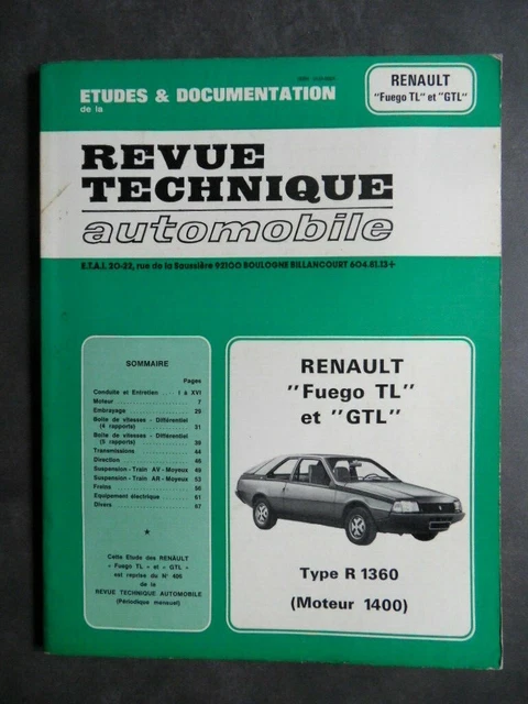 RARE RTA RENAULT FUEGO TL ET GTL 1400 cm3 TYPE R 1360 EUR 9,99 ...