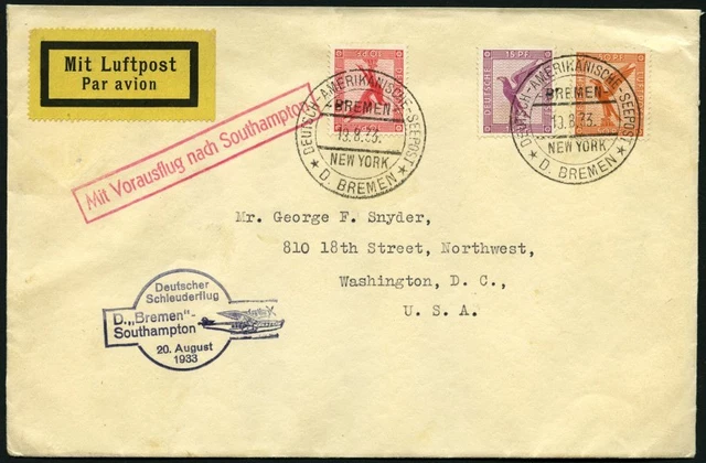 KATAPULTPOST 136c, 20.8.1933, &quot,Bremen&quot,-Southampton, deutsche Seepostau