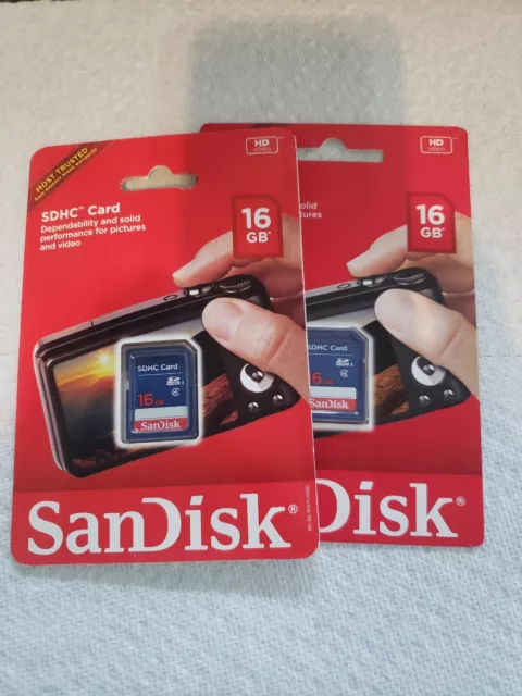 2 NEW SanDisk SDHC 16GB Memory Card -water-temp-shock-X Ray proof. Low shipping.