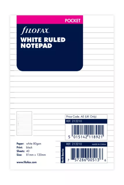 Filofax Taschenformat weiß liniert gefüttert (Notizblock) Notizpapier Nachfülleinsatz 212210