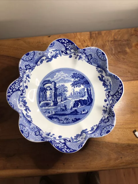 SPODE Italian Blue And White Fruit Bowl With Deep Scalloped Edge On Pedestal