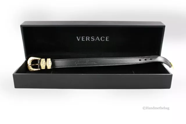 Versace Medusa Western Black Leather Gold Toned Brass Buckle Bracelet 3