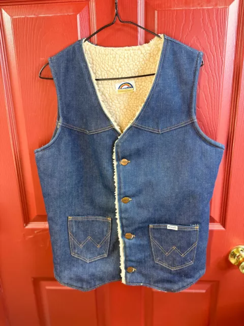 Vintage NOS 70s Wrangler Sherpa Denim Vest Rainbow Label Sz XL Made In USA