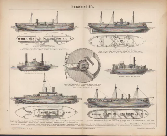 Lithografie 1877: Panzerschiffe. Panzer Schiff-Fahrt Ozean Marine Kanone