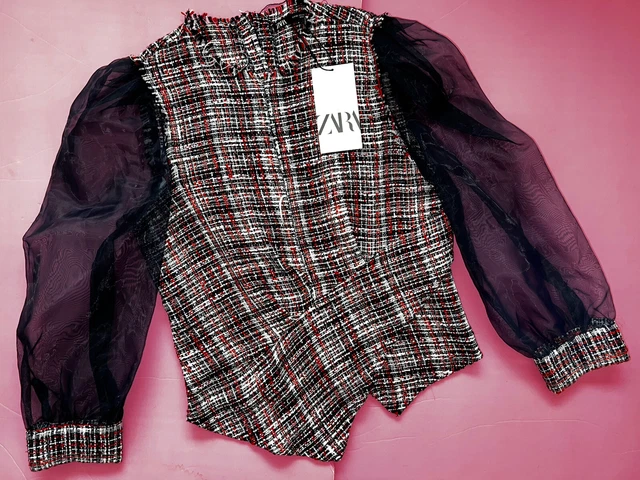 NWT ZARA XS Chemisier Manche Longue Haut Organza Tweed Bleu Marine