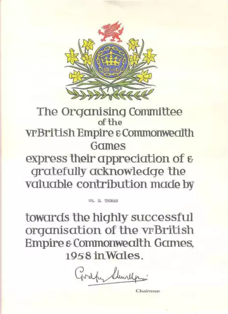 British Empire & Commonwealth Games Wales 1958 Eddie Thomas Collection 2 Items