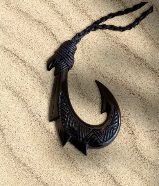 Hawaiian Buffalo Bone Black Fish Hook Necklace Hand Carve Hook Choker Black Cord