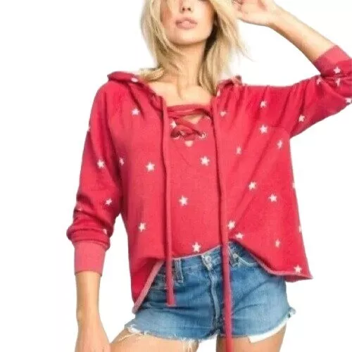 WILDFOX Star Print Hutton Football Fleece Cropped Hoodie Sweatshirt Red White XS