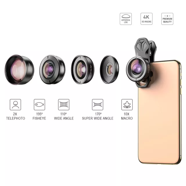 APEXEL 5in1 Camera phone lens kit 4K HD Wide macro Telescope super Fisheye Lens 2