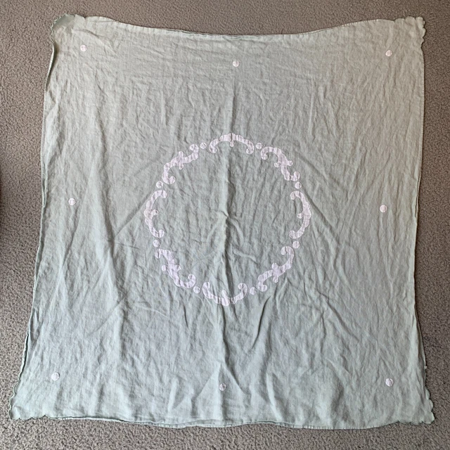 Vintage Linen Tablecloth Hand Appliqued Sage Green 38" X 38"