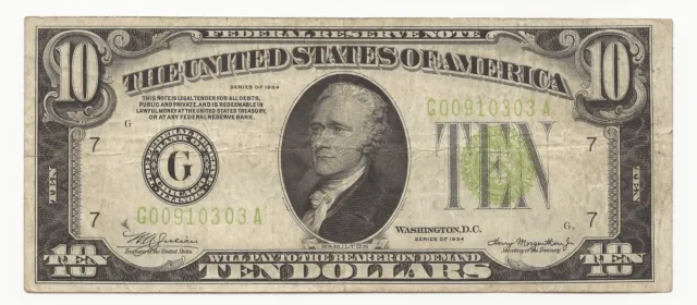 1934 $10 Dollar Bill Federal Reserve Note FRN Chicago Lime Green 303A-KNM