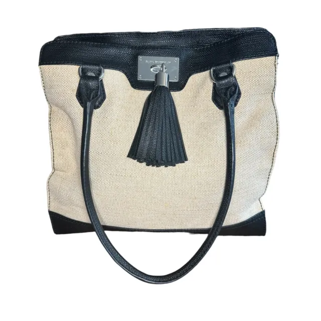 Dana Buchman Linen X-Large Tote Shoulder Bag Purse Carry all Beige Black Tassel