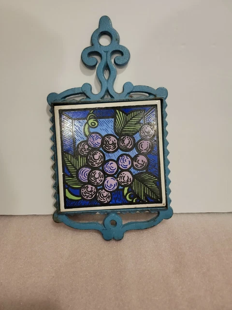 Vintage Trivet Cast Iron Ceramic Tile Hot Plate Grape Made in Taiwan