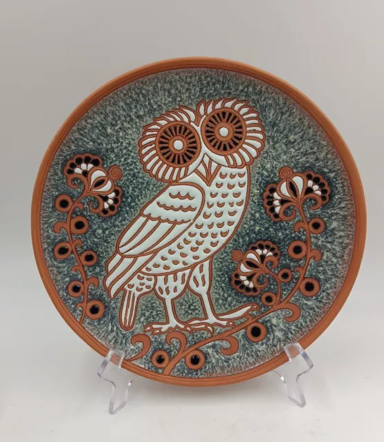 Bonis Pottery Terracotta Owl Floral Blue & White Enamel Plate Rhodes Greece 10"