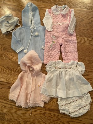 6 Piece Vtg/Bebe' Pink Sweater/TinyTots Romper/Alexis Dress Set/Blue Sweater/Hat