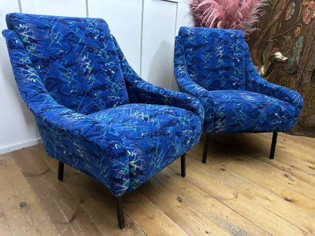 PAIR Rare Mid Century Vintage Armchair 50s 60s Blue Wool Moquette