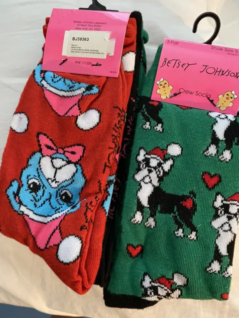 betsey Johnson Bull Pug Dog Christmas Novelty  socks Pink  3 Pairs Lot