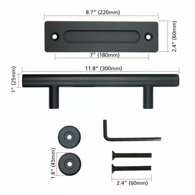 12" Heavy Duty Sliding Barn Door Handle Pull and Flush Hardware Set Round Black 3