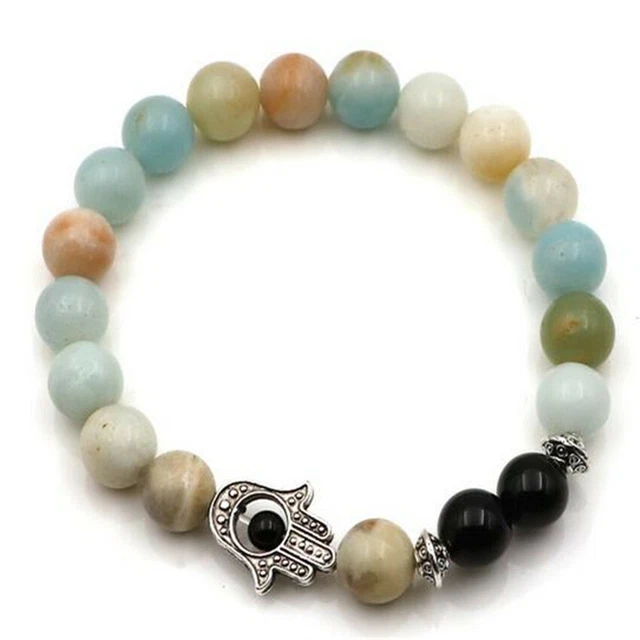 Bracelet Mala pierre précieuse onyx noir amazonite 8 mm 7,5 pouces Bénédiction Energy Sutra