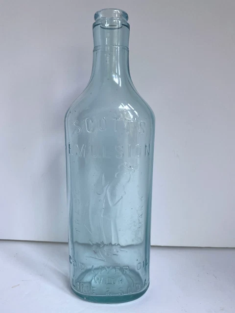 Vtg steel blue SCOTT'S EMULSION/(man w/ fish on back COD LIVER OIL Bottle 9.5”