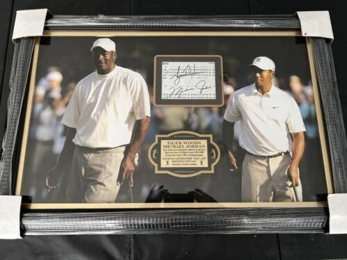 Michael Jordan/Tiger Woods Signed Score Card & Photo 36" x 24" Black Wood Frame