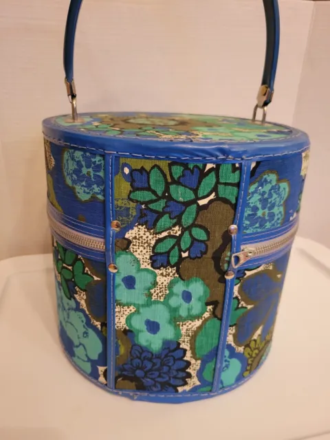 Vintage Floral Flower Hat Box Wig Case Train Case Round Travel Luggage 2