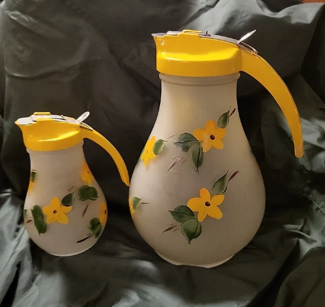 1940s HandPainted Floral Dripcut Frosted Glass Batter & Syrup Decanters. Pre-own