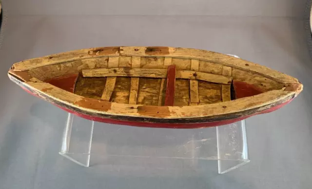 Rare Antique American Folk Art Handmade Red & White Wood Toy Boat Amazing Detail