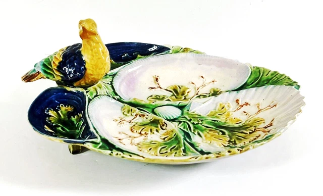 Antique Majolica Strawberries n Cream Serving Dish W/Bird, Shells n Coral c1860s