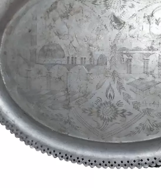 Copper Tray Etched Vintage Serving Engraved Round Hand Oval Edge Large Antique 2