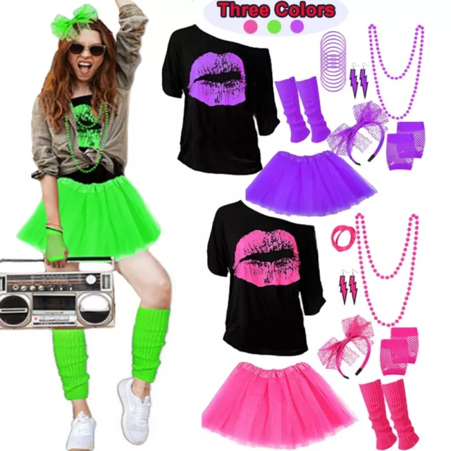 Women Ladies 1980s 80s Costume Party Dress 80's T-shirt Tutu Skirt Accessories