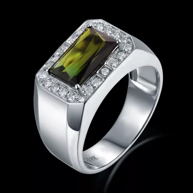 New! Natural Tourmaline & Full Cut Diamond Engagement Men Ring 18K White gold