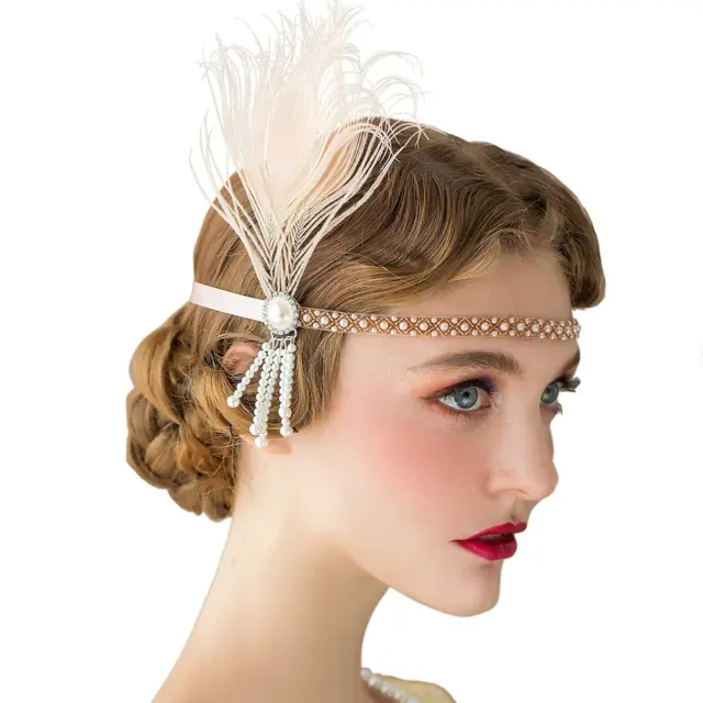 1920S Headpiece Flapper Headband, Pearl Peacock Feather Hair Band, Great Gatsby