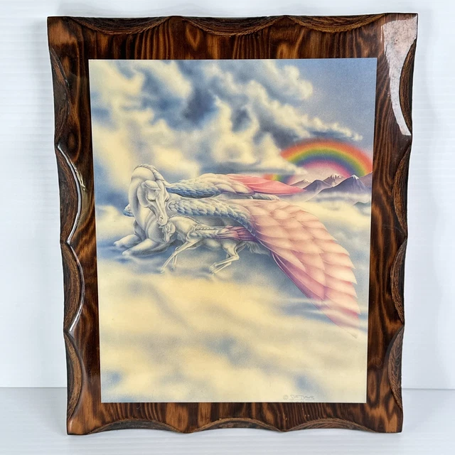Vtg 80s Unicorn Pegasus Mom Baby Wall Picture Wood Art Decor 11.5x9.5” Sue Dawe