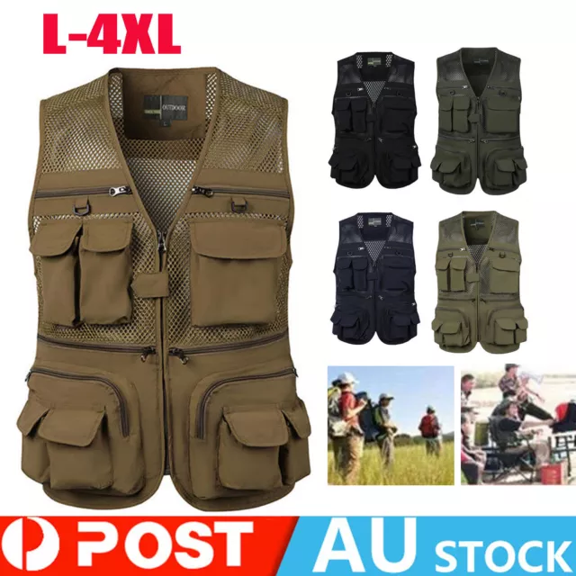 Mens Cargo Multi Pocket Vest Utility Waistcoat Fishing Hiking Sleeveless Jackets