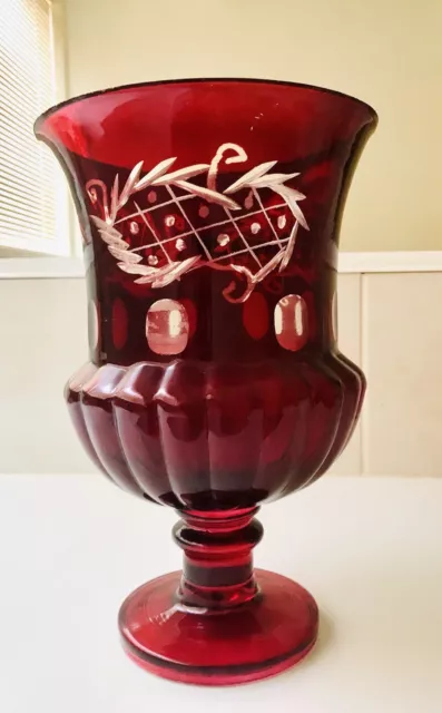 Vintage Etched Ruby Red Glass Urn Vase - Large