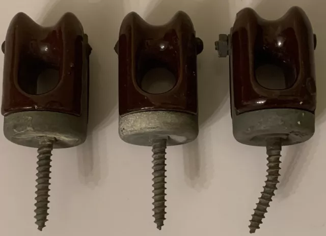 Vintage Glazed Brown Ceramic Porcelain Power Line Insulator Screw In Lot Of 3