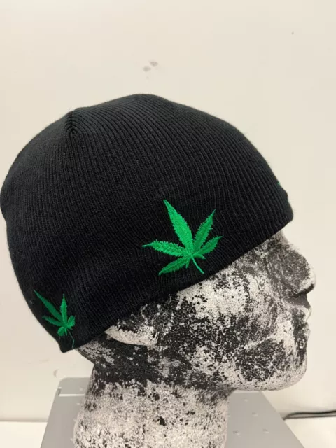 Black Beanie Skull Hat With Embroidered Green Weed/Ganja Leaf Knitted Hat Rasta