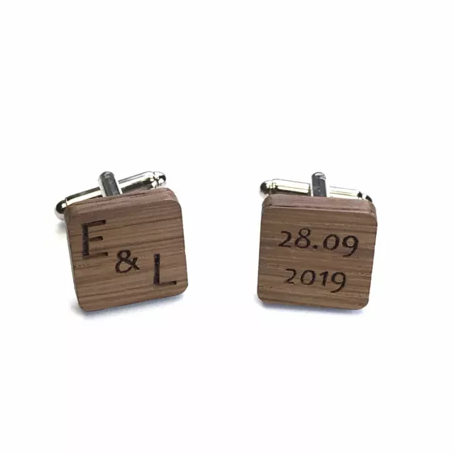 Boutons de Manchette personnalisés bois carrés Mariage initiales + date