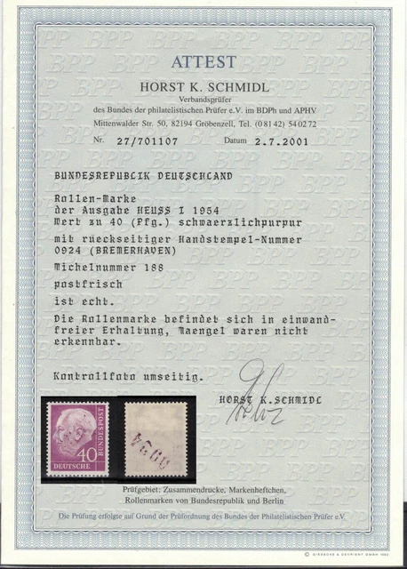 DA12-22)) RARITÄT  BRD Mi 188R ** mit handgestempelter Nr. , Attest Schmidl BPP
